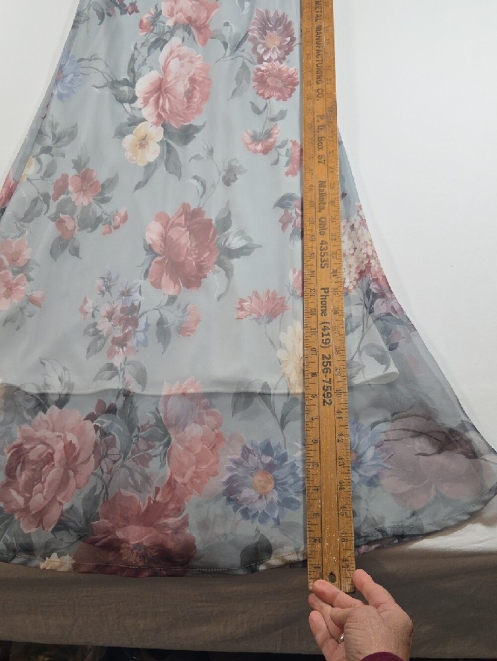 Vintage Floral Maxi Dress Dusty Blue Pink Blooms Sheer Overlay Stretch Bridal - Picture 2 of 9